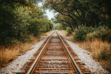 Obraz premium A Single Railroad Track Leading Through a Forest of Trees