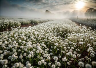 Ethereal Drone Photography of a Field of Delicate White Flowers in Dreamy Fog