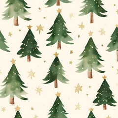 Obraz premium Watercolor Christmas Tree Pattern Green Gold Stars Festive Seamless Design