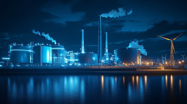 Modern renewable fuel systems operating within a futuristic energy plant illuminated by ambient blue light advanced reactors gleaming under a dark sky wind turbines hum in the distance adding clean