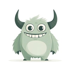 Fototapeta premium Cute Green Monster Cartoon Character with Horns Smiling