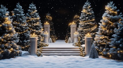 Fototapeta premium Snowy podium surrounded by towering Christmas trees dusted with fresh snow white glitter sparkles under the moonlight a peaceful winter wonderland setting complete with twinkling lights casting a