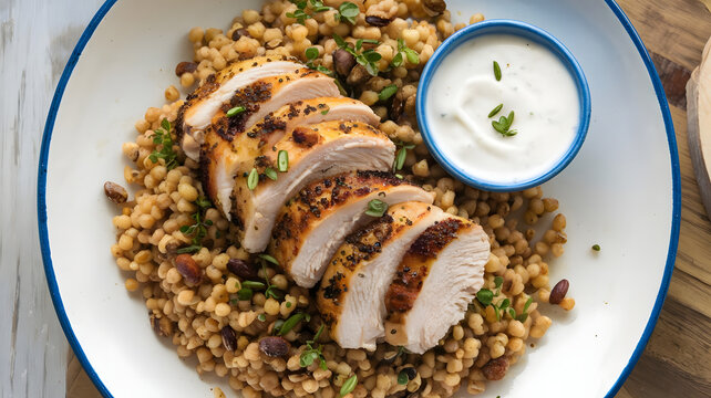 A hearty plate of Freekeh with Chicken, featuring tender roasted chicken on nutty, smoky freekeh grains. Garnished with toasted nuts, it&rsquo;s served with a side of tangy yogurt sauce for balance.






