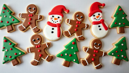 Naklejka premium Assorted Christmas cookies including gingerbread men, snowmen, and Christmas trees decorated with icing