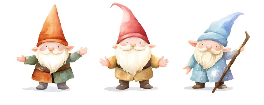 Cute Watercolor Gnomes with Red  Orange  and Blue Hats