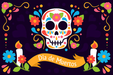 Dia de muertos poster. Traditional mexican holiday and festival. Skull with colorful flowers. Day of Dead. Decorative pattern and ornament. Flat vector illustration