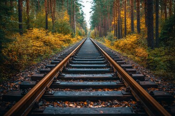 Obraz premium Train Tracks Vanishing Through an Autumn Forest