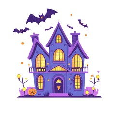 Fototapeta premium Haunted House Halloween Illustration Spooky Mansion with Bats and Pumpkins
