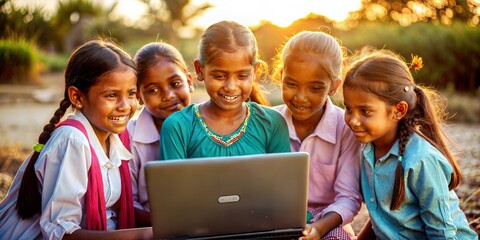 indian village government school girls operating one laptop computer system at rural area in india