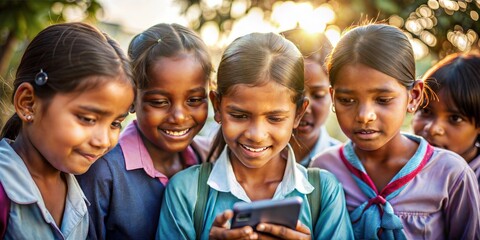 indian village government school girls operating one laptop computer system at rural area in india