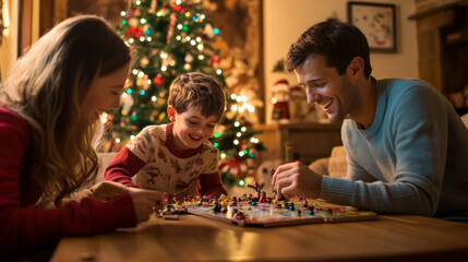 Family enjoying a joyful board game night by the Christmas tree during holiday season