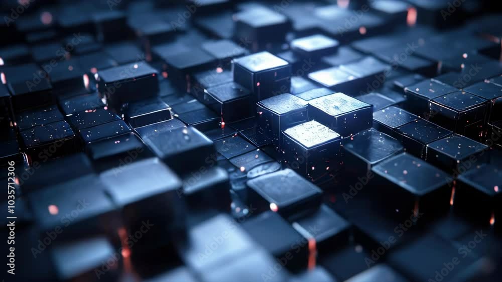 Poster a mesmerizing display of glowing cubes arranged in complex patterns, evoking a high-tech atmosphere