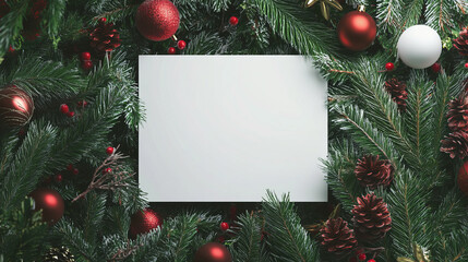 Christmas modern minimalistic mockup of blank white paper card, in the center, pine branches and decorations, white, green, and red colors, elegant style