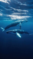 Naklejka premium A family of humpback whales swimming in the deep blue ocean