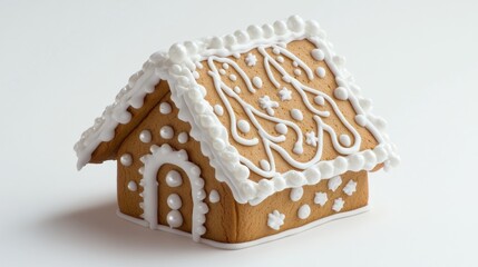 Festive gingerbread house with intricate icing decorations on white background, perfect for holiday-themed food and home decor advertising