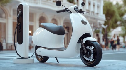 White electric scooter at charging station in city street, ideal for sustainable urban mobility and electric vehicle marketing