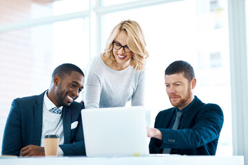 Business, people and meeting with laptop in office for reading email, review court case and research as Lawyers. Staff, attorney and online information with legal advice, feedback and project report