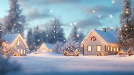 Fototapeta premium serene snow covered village scene with charming houses adorned with warm Christmas lights, creating magical winter atmosphere. soft glow and snowy landscape evoke feelings of joy and nostalgia