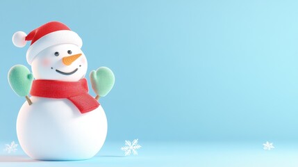 Festive snowman with red scarf and mittens on blue background for holiday greeting card design