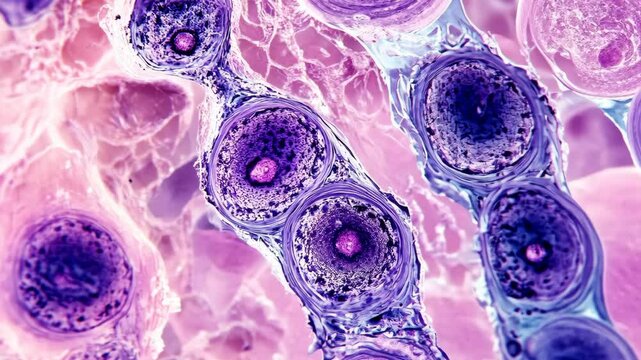 A microscopic image of cells dividing in a chain, captured using a light microscope