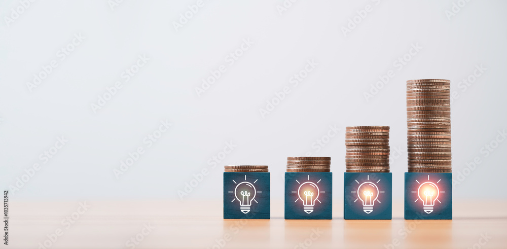 Poster increasing coins stacking on glowing lightbulb icon for problem solving solution idea and creative c