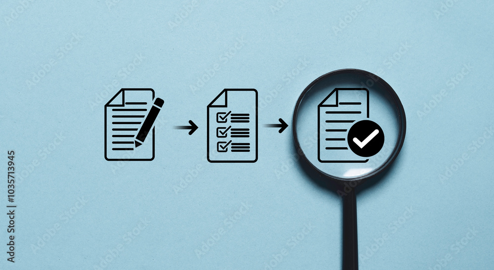 Poster Document with correct sign mark inside of magnifier glass for prepare check and approve document , ISO quality control and assurance concept.