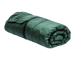 A rolled-up green sleeping bag on isolated white background.