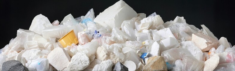 Large pile of white plastic waste and styrofoam on a dark background symbolizes environmental pollution