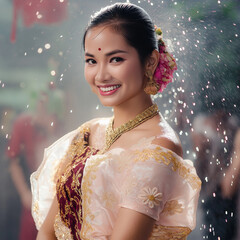 Thai women wear traditional Thai dresses during the Songkran festival.