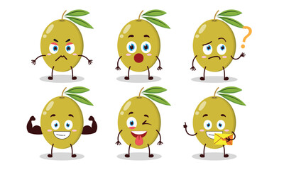 funny green olive cartoon with different expressions character vector illustration