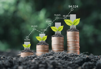 Tree growth on increasing coins stacking with up arrow and percentage for money saving to...