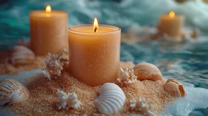 Burning candles surrounded by Seashells and white sand