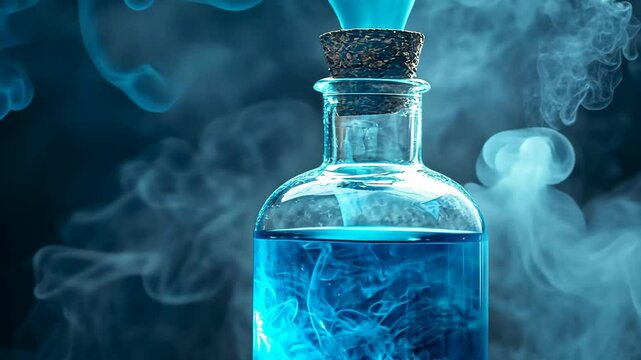 A glass bottle filled with blue liquid is emitting blue smoke against a dark background