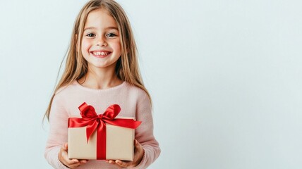 Fototapeta premium Happy Girl Holding Red Gift Box on White Background with Copy Space Area