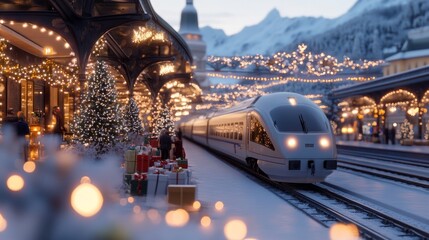 Snowy train station with decorated platform and wrapped gifts during Christmas season