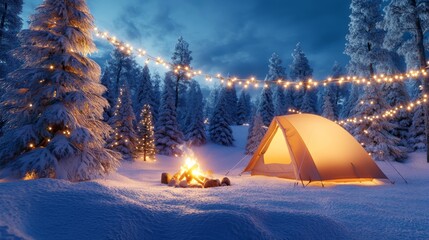 Illuminated campsite in a snowy winter forest with a lit campfire and string lights at night