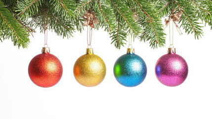 Colorful Christmas baubles hanging from a tree on white background