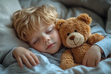 Cute Little Boy Sleeping in Bed with Teddy Bear Toy, Close-Up at Home with Space for Text
