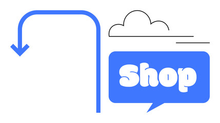 Bold white text on blue shopping speech bubble with downward arrow and cloud symbol, Ideal for marketing online shopping ecommerce retail promotions sales advertisement simplistic style
