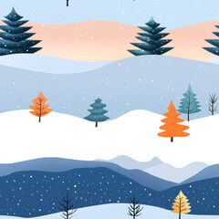 serene winter landscape featuring stylized trees in various colors, snow covered hills, and soft pastel sky. scene evokes peaceful, frosty evening atmosphere