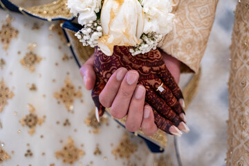 Indian henna mehndi on the hand of a South Asian bride.