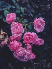Pink gentle little small bloming roses on green bush as floral botanical dark dreamy mysterious spring vintage fantasy like background backdrop wallpaper