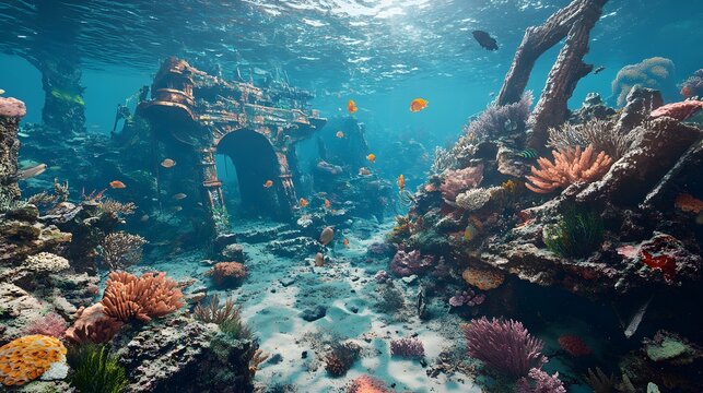 Immersive underwater world filled with coral reefs ancient shipwrecks and sea creatures