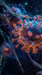 Microscopic view of a virus with colorful details on a dark background.