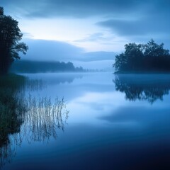 Fototapeta premium Serene dawn over a misty lake, reflecting soft blues and greens, surrounded by trees and calm water.