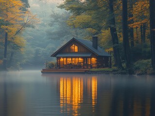 Fototapeta premium scenic cabin nestled on the banks of a serene river, surrounded by lush forest, warm golden light filtering through trees, inviting atmosphere depicting tranquility and connection with nature