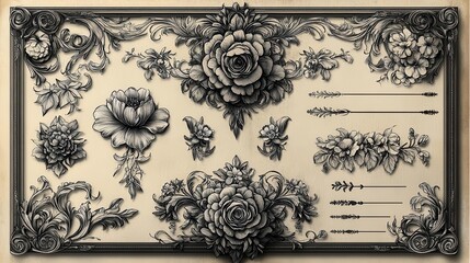 Fototapeta premium handdrawn design elements collection featuring floral frames corners dividers and calligraphic lines all rendered in vintage style showcasing artistic flair and elegance