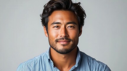 Obraz premium handsome asian man smiling confidently in a blue striped shirt and black jeans set against a clean white background that emphasizes his approachable demeanor