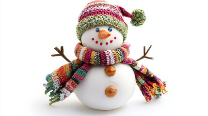 Colorful Christmas snowman with a scarf and hat on white background 