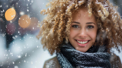 Carefree positive woman wearing winter season look clothes having fun outdoor on Christmas city street on abstract bokeh light and snowflake background